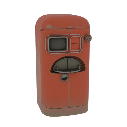 A 3D model of a vintage red vending machine with a weathered finish, featuring a display window and dispensing slot.