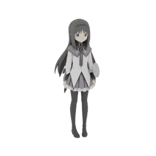 Modelo 3D de Homura Akemi de Madoka Magica, de pie con su uniforme escolar, cabello oscuro y expresión seria.