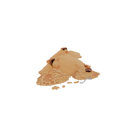3D model of a pile of chocolate chip cookies, one wearing a golden crown and chain, others with brown caps, on a white backgr