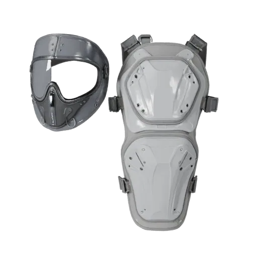 Genouillères Anti-Émeute Modèle 3D Imprimable, rendu STL isométrique, montrant des boucliers transparents, silhouette protect