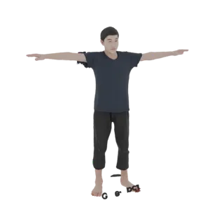3D-Modell eines jungen Mannes mit kurzen dunklen Haaren, der ein dunkelblaues T-Shirt und eine graue verkürzte Hose trägt und