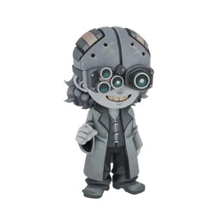 3D-Modell eines graustufigen Steampunk-Wissenschaftler-Charakters mit großer, mehrlinsiger Brille und Laborkittel, mit einem
