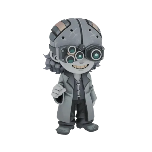 3D model of a grayscale Steampunk Scientist character wearing large, multi-lensed goggles and a lab coat, with a wide smile.