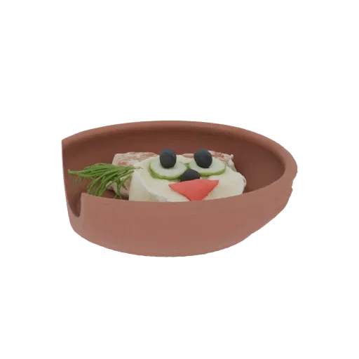 3D model of a food face with olive eyes and a red pepper nose, presented in a terracotta bowl with dill garnish.