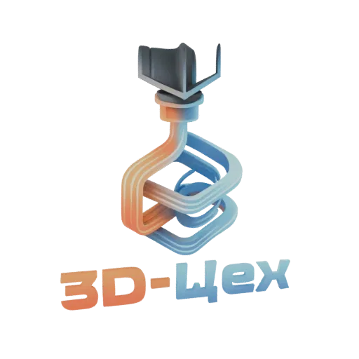 3D model of the '3D-Tsekh' logo, featuring a stylized abstract spiral with an orange-to-blue gradient, set against a white ba