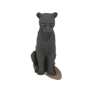 3D model of a stylized black panther sitting on a beige oval base, with piercing yellow eyes and a matte dark gray finish.