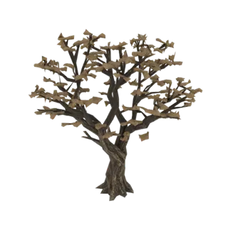 Um modelo 3D de uma árvore tortuosa de outono com um tronco nodoso e folhas secas marrons esparsas em seus galhos, sobre um f