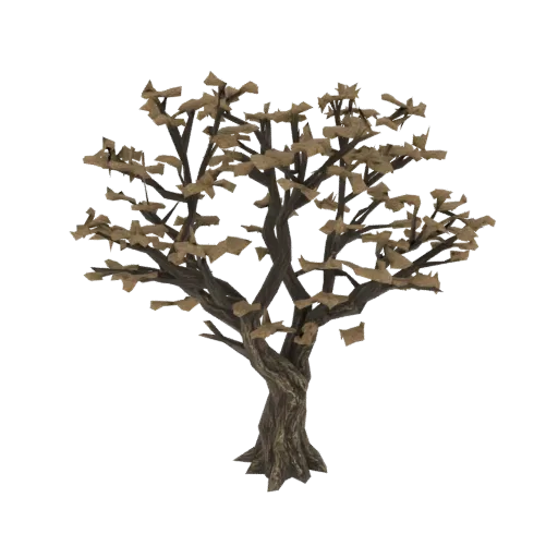 Un modèle 3D d'un arbre d'automne torsadé avec un tronc noueux et des feuilles sèches brunes rares sur ses branches, sur fond