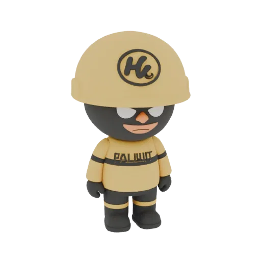 3D model of worker doll in yellow helmet and jumpsuit with "Palit" inscription