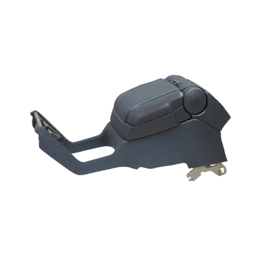 Modello 3D di un bracciolo per console centrale auto grigio scuro con il coperchio chiuso, visto di lato.