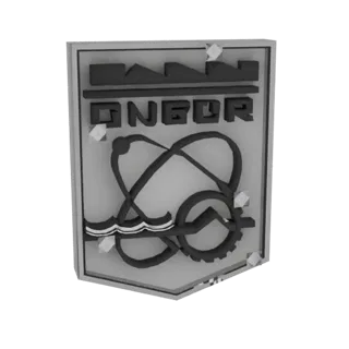3D render of the ONGBOR industrial emblem, featuring a metallic finish with gears, atomic symbols, and the text 'ONGBOR'.
