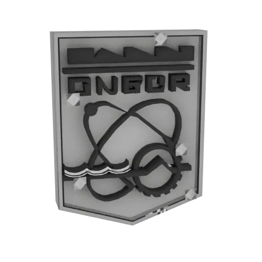 3D render of the ONGBOR industrial emblem, featuring a metallic finish with gears, atomic symbols, and the text 'ONGBOR'.
