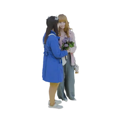3D model of two young women, one in a blue coat and the other in a pink jacket, holding a bouquet of lilacs.