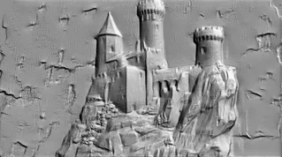 Modello 3D di bassorilievo di castello medievale su roccia, con torri e mura dettagliate.