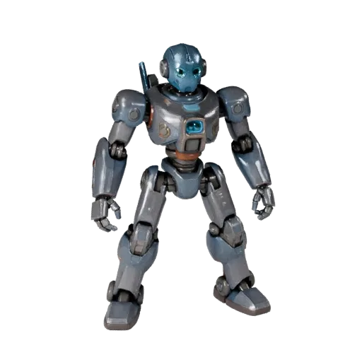 Abenteuer Roboter Figur Produkt-Rendering 3D-Modell-Vorschau mit Pose, Dreiviertelansicht und Oberflächendetails