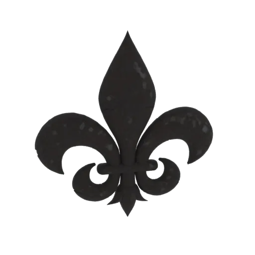 A dark, textured 3D model of a Fleur-de-lis emblem against a white background.
