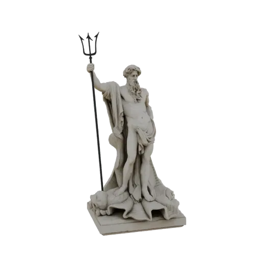 3D model of the Roman god Neptune holding a trident, standing on a base with sea creatures.