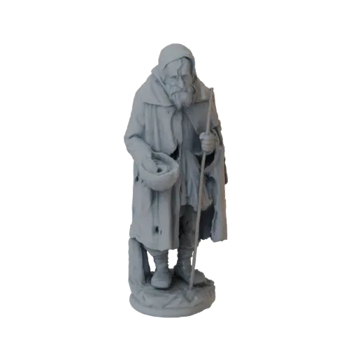 3D model of a weathered beggar wearing a hooded cloak, holding a bowl and a staff, standing on a textured base.