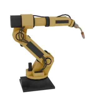 Modèle 3D d'un bras robotique industriel de soudage jaune et noir avec torche, sur fond blanc.