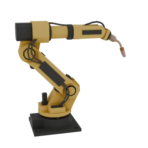 3D model of a yellow and black industrial robotic welding arm with a welding torch, shown on a white background.