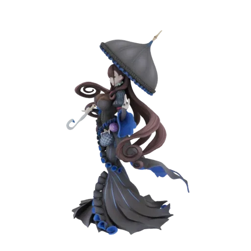3D model of a gothic lady with long brown hair, wearing a black and blue dress, holding a black umbrella.