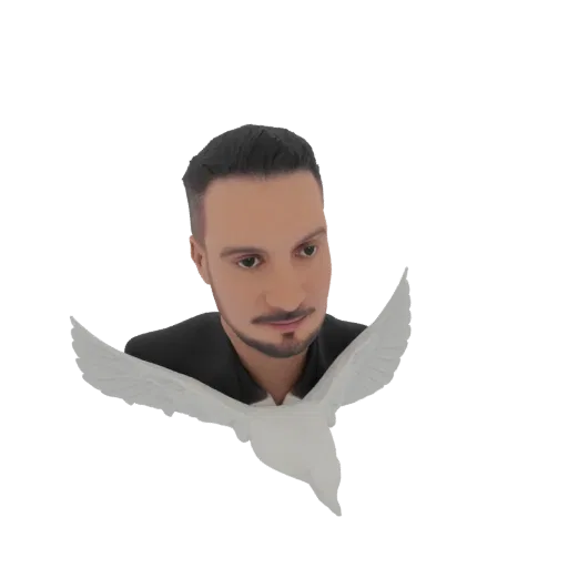 3D model of a man with a white dove in flight, rendered against a black background.