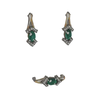 3D model of a jewelry set featuring emerald and diamond dangle earrings and a matching ring, displayed against a white backgr