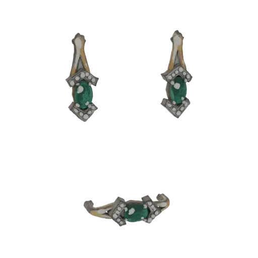 3D model of a jewelry set featuring emerald and diamond dangle earrings and a matching ring, displayed against a white backgr