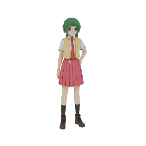Modelo 3D de garota anime com cabelo verde, vestindo colete amarelo, camisa branca, gravata vermelha e saia plissada rosa, em