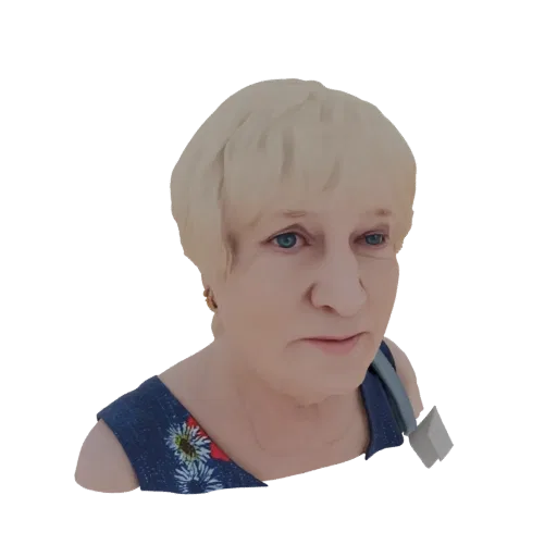 3D model of an elderly woman with blonde hair, wearing a blue floral dress, looking forward with a neutral expression.