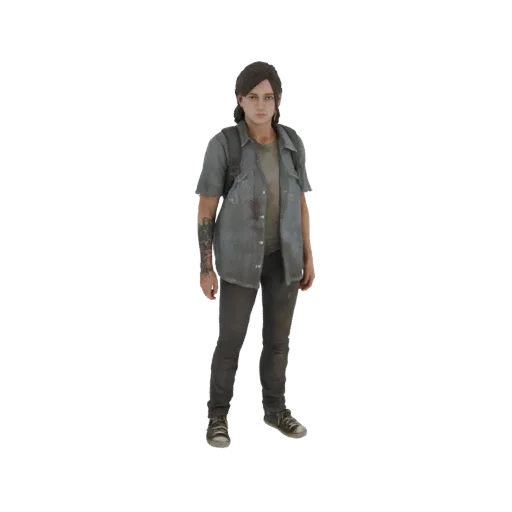 3D model of Ellie Williams from The Last of Us, standing and looking forward, wearing a grey shirt and dark pants.