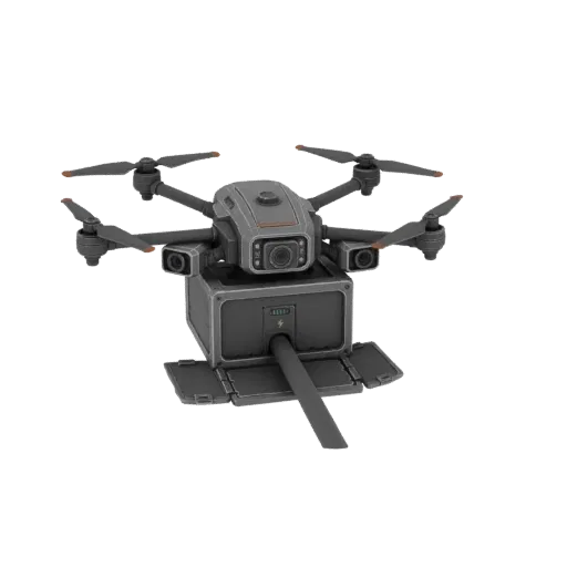 3D model of a futuristic drone with a camera and an open cargo pod, against a white background.