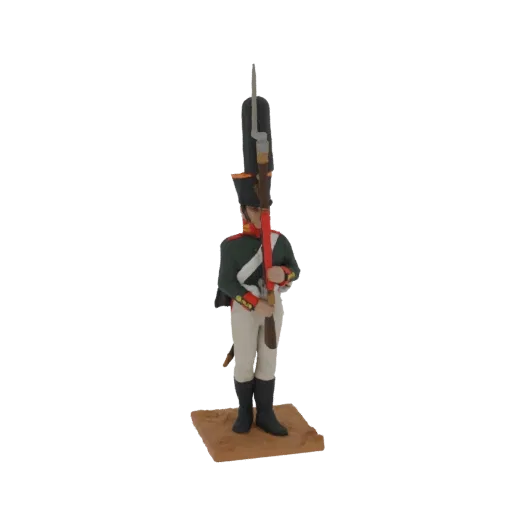 3D model of an 18th-century grenadier soldier standing at attention, holding a musket, on a brown base.