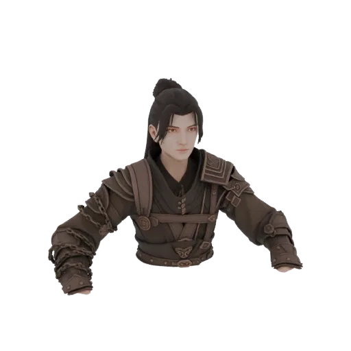 3D model of a male ancient warrior wearing detailed, dark metallic armor with chainmail accents and a high collar.