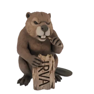 3D model of a cartoon beaver with brown fur, sitting and gnawing on a wooden log with 'RVA' carved into it.