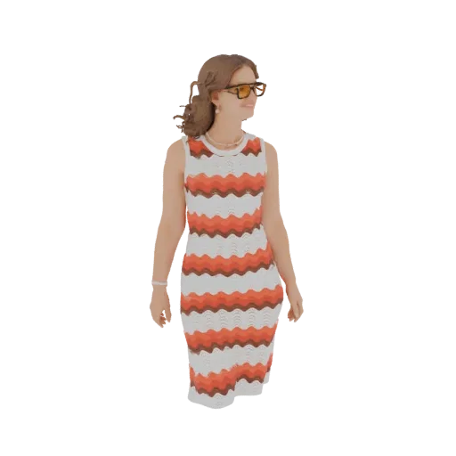 3D model of a woman wearing a sleeveless orange and white chevron dress and sunglasses, looking to the side.