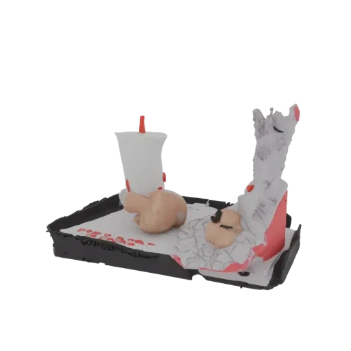 3D model of a surreal fast food tray diorama with a drink cup, a detached head, and abstract white and grey forms.