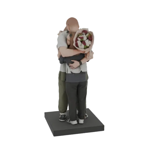 3D model of a couple embracing, one holding a bouquet of red and white flowers, standing on a dark base.