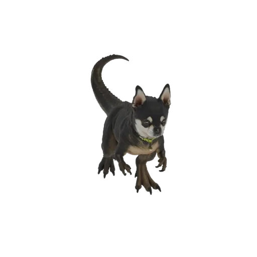 3D model of a hybrid creature with the head of a Chihuahua and the body of a raptor, in a dynamic pose.