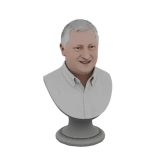 3D model of a bust of a smiling man with gray hair, wearing a collared shirt, on a pedestal base.