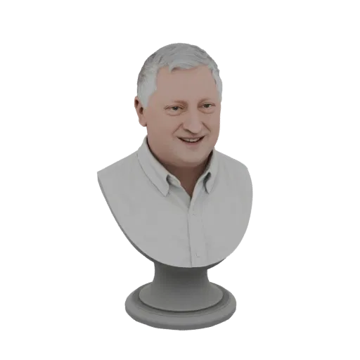 3D model of a bust of a smiling man with gray hair, wearing a collared shirt, on a pedestal base.