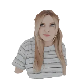 3D model of a young woman with blonde braided hair and a striped shirt, looking forward with a neutral expression.