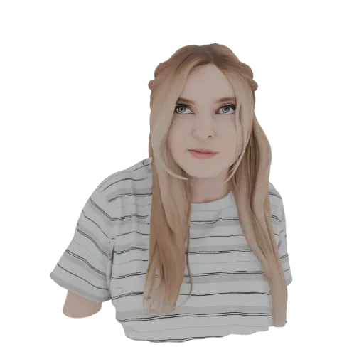 3D model of a young woman with blonde braided hair and a striped shirt, looking forward with a neutral expression.