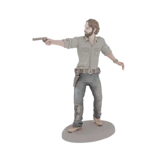 3D model of Rick Grimes from The Walking Dead, holding a revolver and wearing his iconic outfit, standing on a display base.