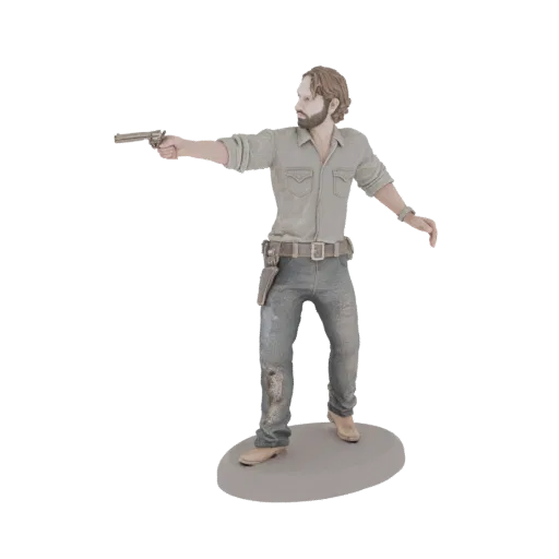 3D model of Rick Grimes from The Walking Dead, holding a revolver and wearing his iconic outfit, standing on a display base.