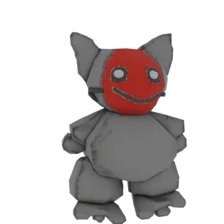 A 3D render of a gray plush creature with large ears and a red mask featuring a smiling face.