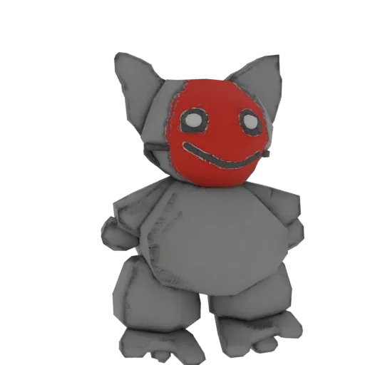 A 3D render of a gray plush creature with large ears and a red mask featuring a smiling face.