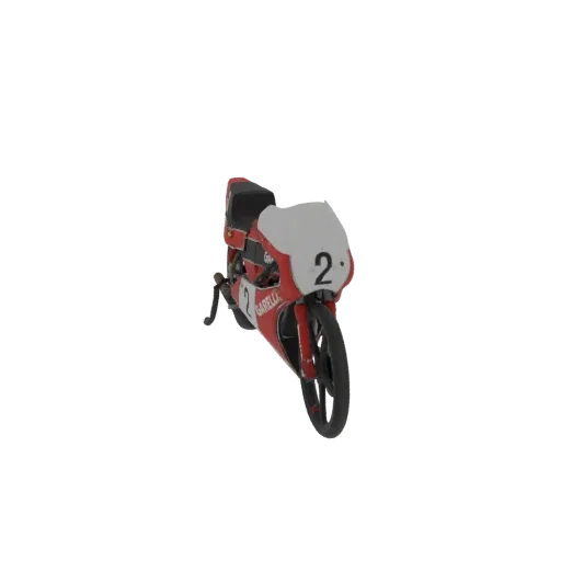 A 3D render of a vintage red and white Garelli racing motorcycle with the number 2 on its front fairing, set against a white