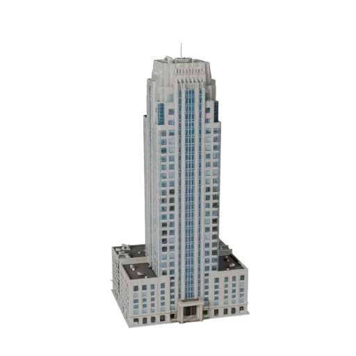 Art Deco Skyscraper Unreal Engine-ready 3D model, Unreal Engine viewport, showing commercial office building materials and ar