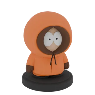 3D model of Kenny McCormick from South Park wearing his orange parka and standing on a black base.